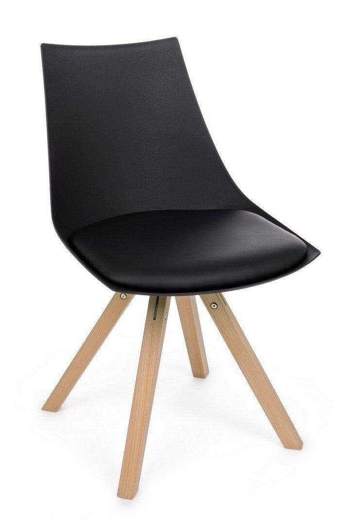 Set 4 scaune din plastic, sezut tapitat cu piele ecologica si picioare din lemn, Mayer Negru / Natural, l53xA47,5xH78,5 cm (2)