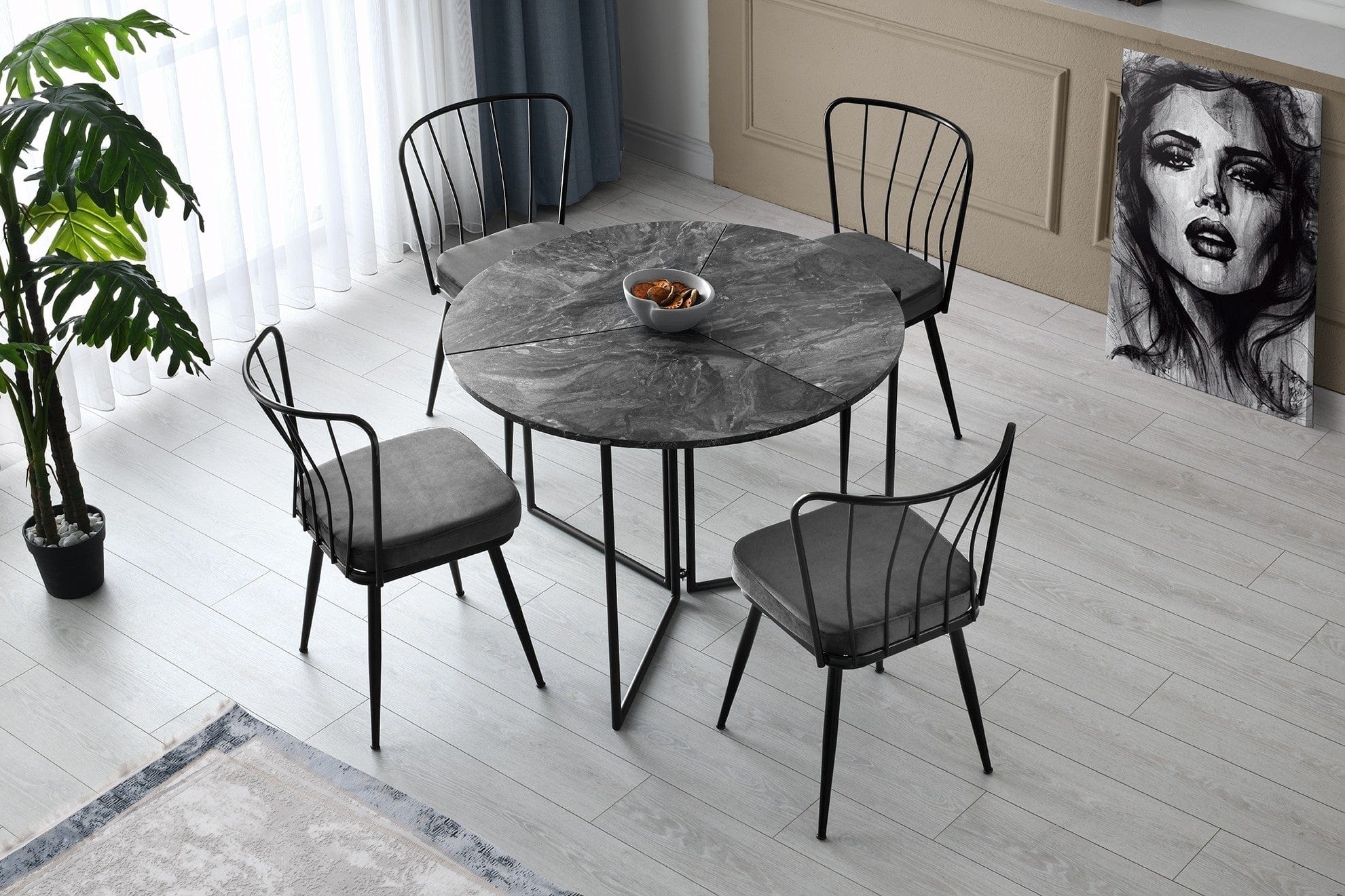 Set 4 scaune tapitate cu stofa si picioare metalice, Yildiz 189 Velvet Gri inchis / Negru, l43xA42xH82 cm (1)