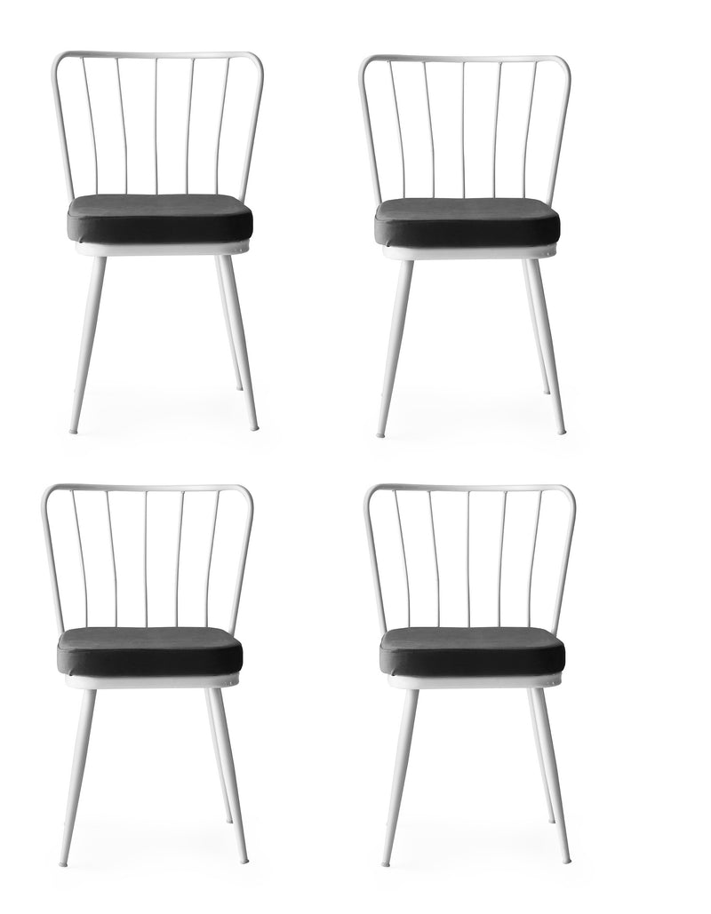 Set 4 scaune tapitate cu stofa si picioare metalice, Yildiz 229 Velvet Gri inchis / Alb, l43xA42xH82 cm