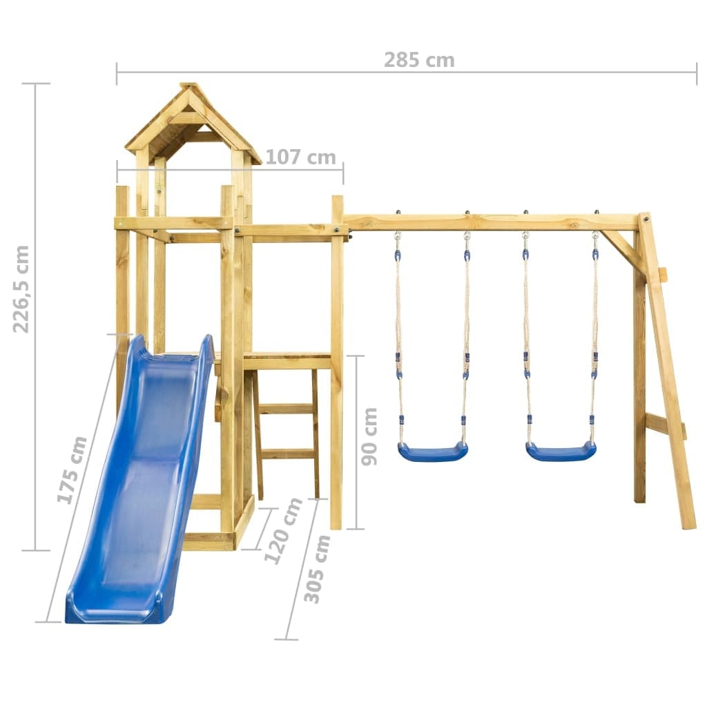 Set de joaca exterior din lemn de pin, pentru copii, cu tobogan si 2 leagane, Playhouse Tower Natural / Albastru, L285xl305xH226,5 cm (5)