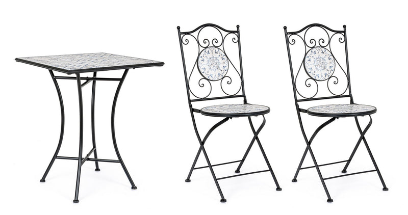Set masa + 2 scaune pliabile pentru gradina / terasa, din ceramica si metal, Erice Square Multicolor / Negru, L60xl60xH75 cm (3)