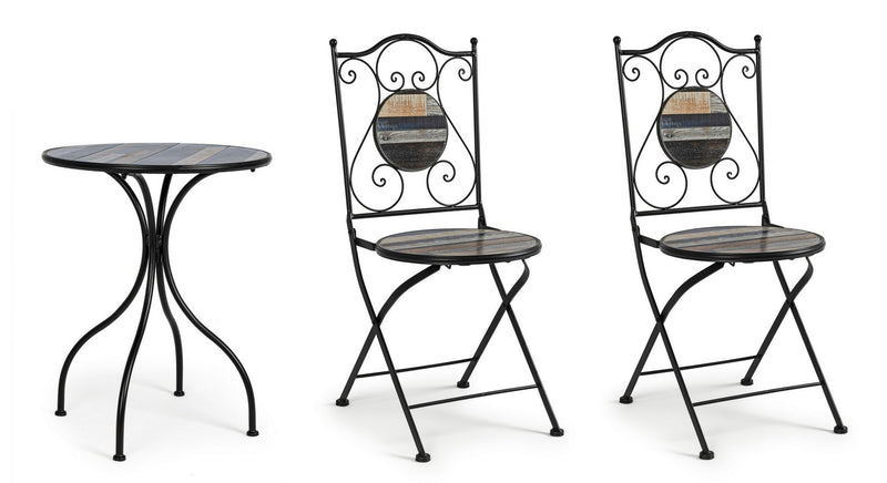 Set masa + 2 scaune pliabile pentru gradina / terasa, din ceramica si metal, Huston Multicolor / Negru, Ø60xH75 cm (2)