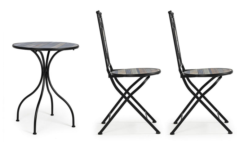 Set masa + 2 scaune pliabile pentru gradina / terasa, din ceramica si metal, Huston Multicolor / Negru, Ø60xH75 cm (4)