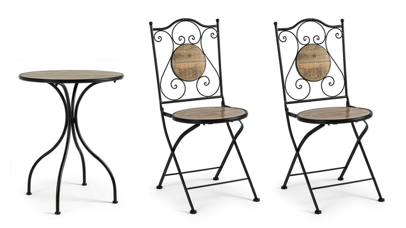 Set masa + 2 scaune pliabile pentru gradina / terasa, din ceramica si metal, Kansas Natural / Negru, Ø60xH75 cm (3)