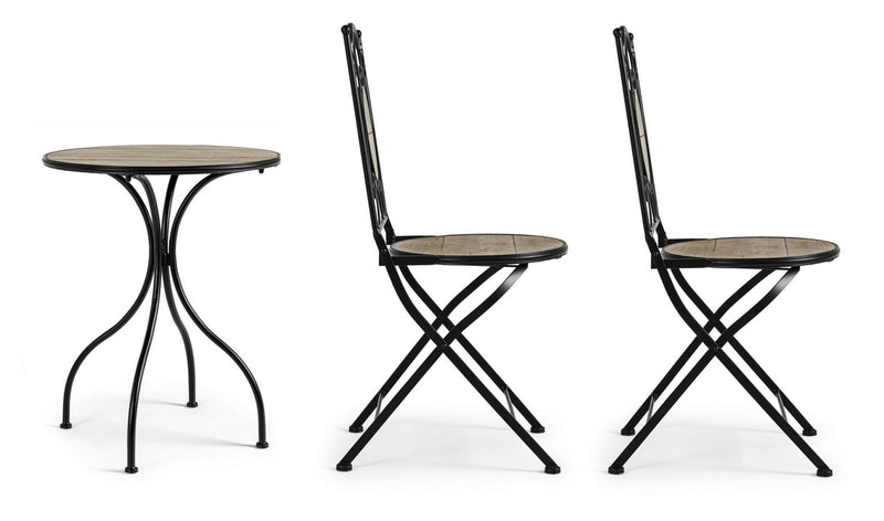 Set masa + 2 scaune pliabile pentru gradina / terasa, din ceramica si metal, Kansas Natural / Negru, Ø60xH75 cm (5)