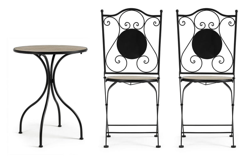 Set masa + 2 scaune pliabile pentru gradina / terasa, din ceramica si metal, Kansas Natural / Negru, Ø60xH75 cm (6)