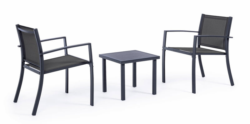 Set masa de cafea + 2 scaune pentru gradina / terasa, din sticla, material textil si metal, Auri Antracit, L45xl45xH38 cm