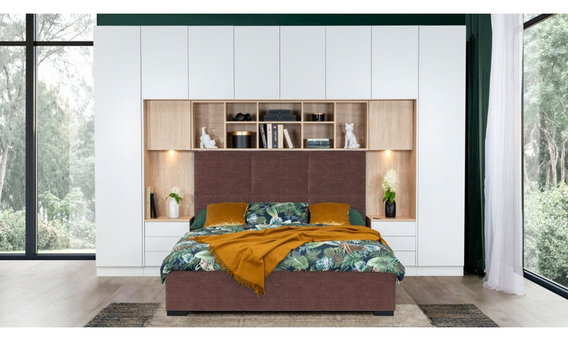 Set Mobila Dormitor din pal, cu pat 200 x 160 cm, 4 piese, Sleep Varia Mini Maxi Alb Mat / Maro