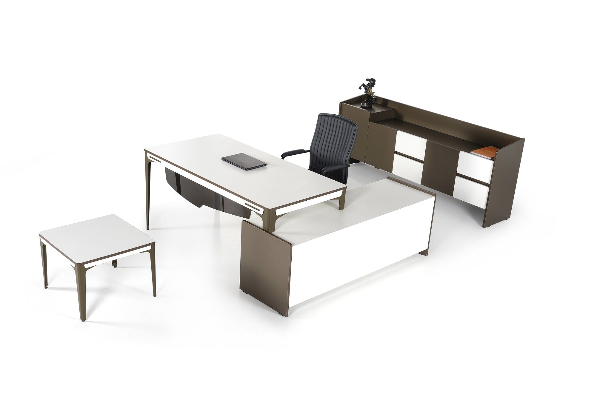 Masa de birou din pal si metal, cu 3 usi si 1 sertar, Plex Plus Alb / Grej, L210xl164xH75 cm (2)