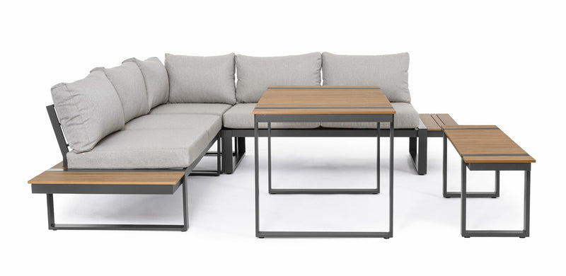 Set mobilier modular pentru gradina / terasa, Sven Gri / Natural / Antracit, coltar 5 locuri + masa + banca (5)