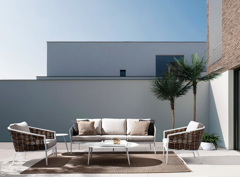 Set mobilier pentru gradina / terasa, Maribela Alb / Natural, canapea 3 locuri + 2 fotolii (1)