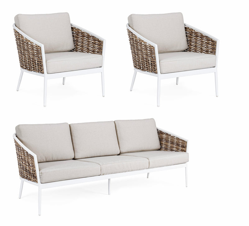 Set mobilier pentru gradina / terasa, Maribela Alb / Natural, canapea 3 locuri + 2 fotolii (4)