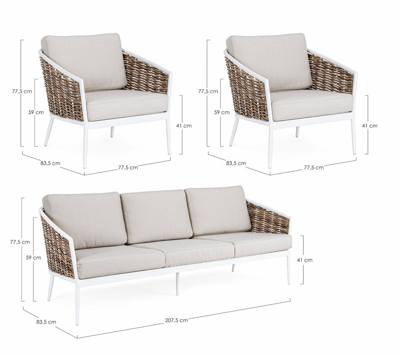 Set mobilier pentru gradina / terasa, Maribela Alb / Natural, canapea 3 locuri + 2 fotolii (10)