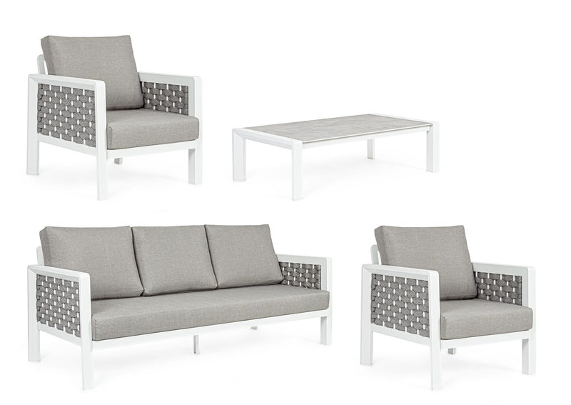 Set mobilier pentru gradina / terasa, Otavio Gri / Alb, 2 fotolii + canapea 3 locuri + masa de cafea (6)