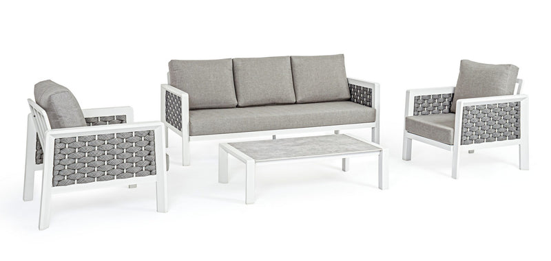 Set mobilier pentru gradina / terasa, Otavio Gri / Alb, 2 fotolii + canapea 3 locuri + masa de cafea