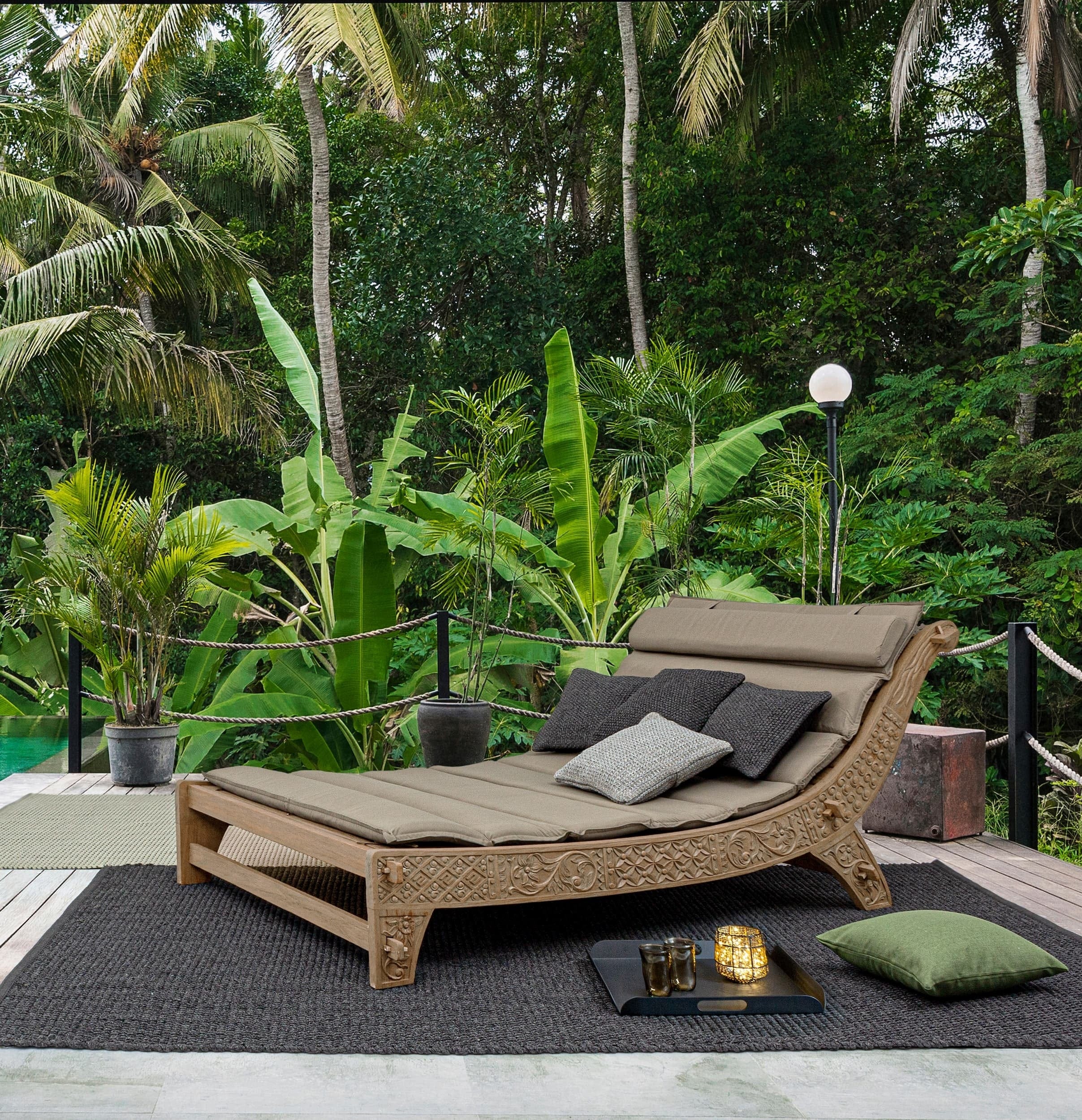 Sezlong pentru gradina / terasa, din lemn de tec si material textil, Sanur Grej / Natural, l140-150xA224xH91 cm (2)