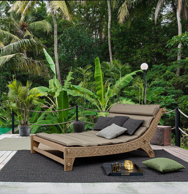 Sezlong pentru gradina / terasa, din lemn de tec si material textil, Sanur Grej / Natural, l140-150xA224xH91 cm (2)