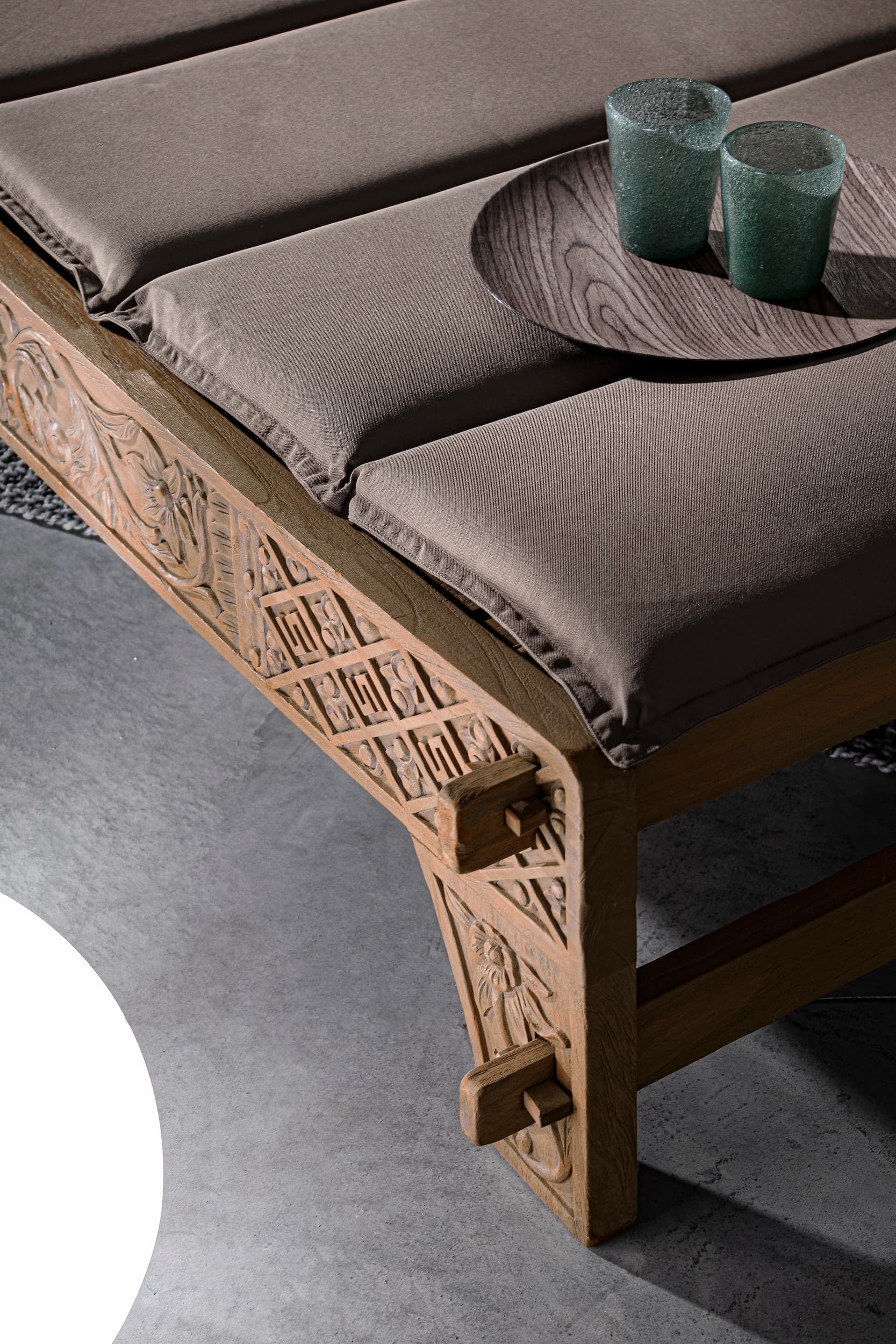 Sezlong pentru gradina / terasa, din lemn de tec si material textil, Sanur Grej / Natural, l140-150xA224xH91 cm (4)