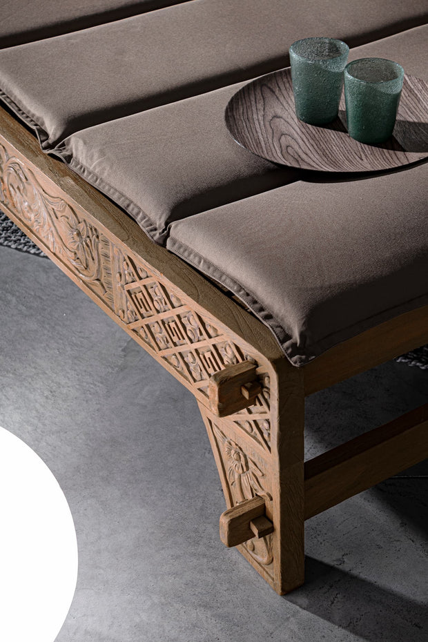 Sezlong pentru gradina / terasa, din lemn de tec si material textil, Sanur Grej / Natural, l140-150xA224xH91 cm (4)