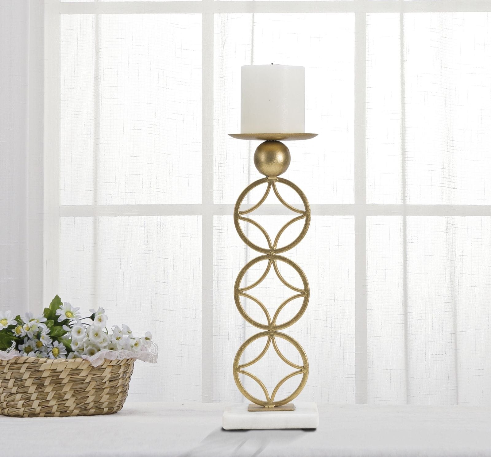 Suport lumanare din metal si marmura, Star Auriu / Alb, L10xl10xH32 cm (1)