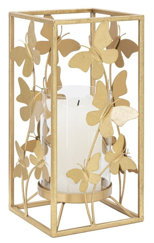 Suport lumanare din metal si sticla Butterfly Glam Auriu, l14xA14xH29 cm