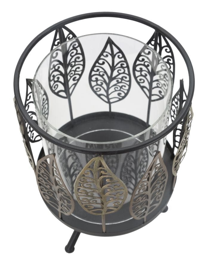 Suport lumanare din metal si sticla, Iron Leaf Negru / Aramiu, Ø15xH24 cm (2)