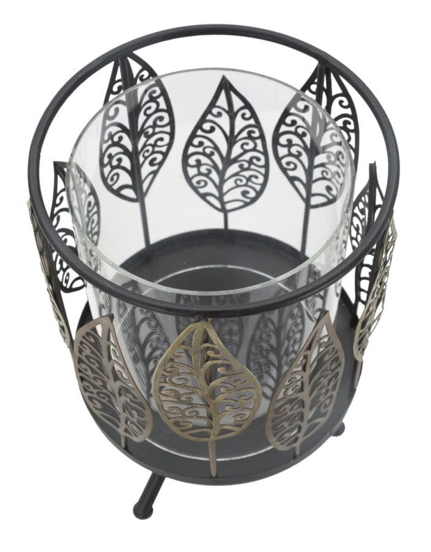Suport lumanare din metal si sticla, Iron Leaf Negru / Aramiu, Ø15xH24 cm (2)