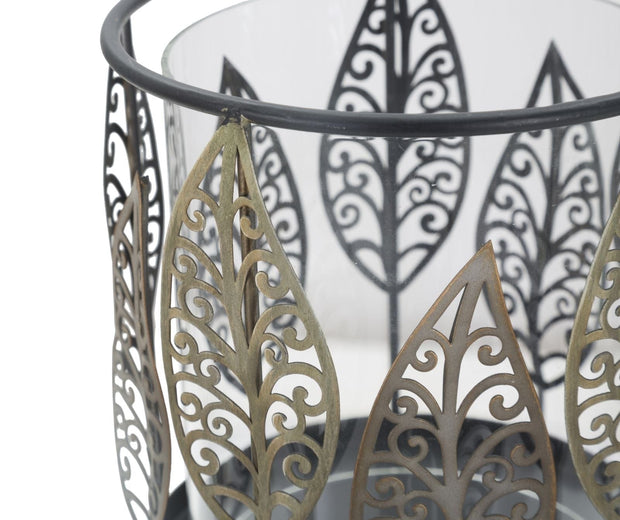 Suport lumanare din metal si sticla, Iron Leaf Negru / Aramiu, Ø15xH24 cm (3)