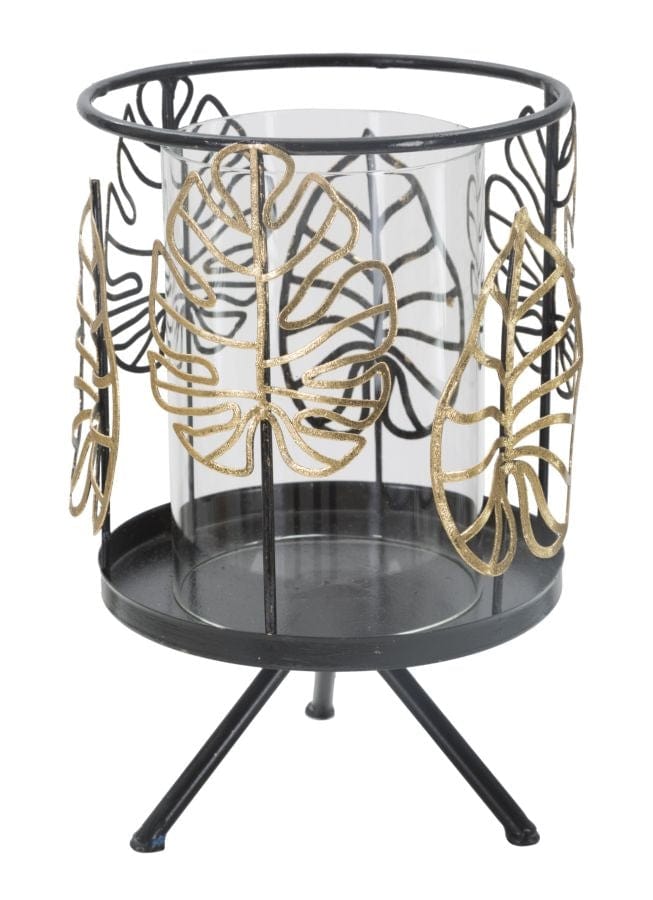 Suport lumanare din metal si sticla, Iron Wild Leaf Negru / Auriu, Ø15xH23,3 cm (1)