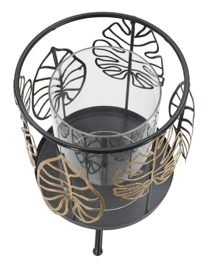 Suport lumanare din metal si sticla, Iron Wild Leaf Negru / Auriu, Ø15xH23,3 cm (2)