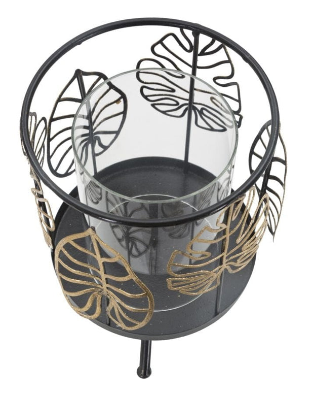 Suport lumanare din metal si sticla, Iron Wild Leaf Negru / Auriu, Ø15xH23,3 cm (2)
