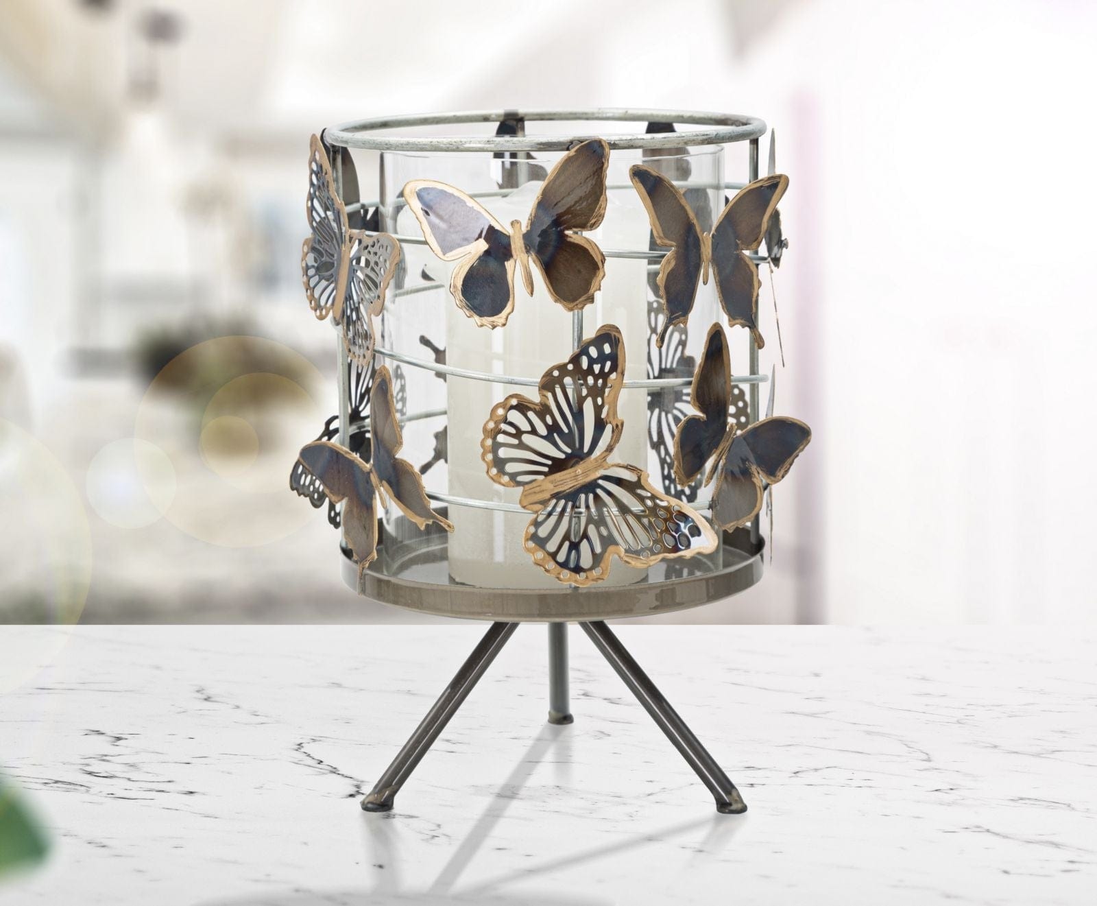 Suport lumanare din sticla si metal, Farfalle Multicolor, Ø15xH23,3 cm