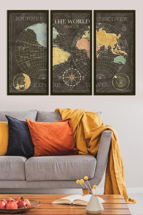 Tablou 3 piese World 145 Multicolor, 90 x 70 cm