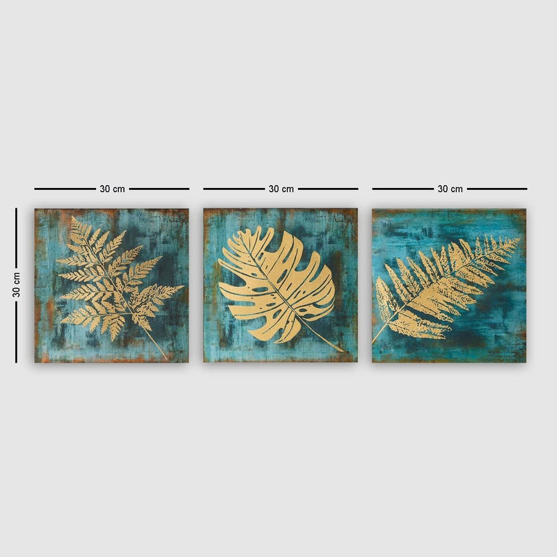 Tablou 3 piese Canvas Leaves 3P5777 Bleu / Auriu, 90 x 30 cm (1)