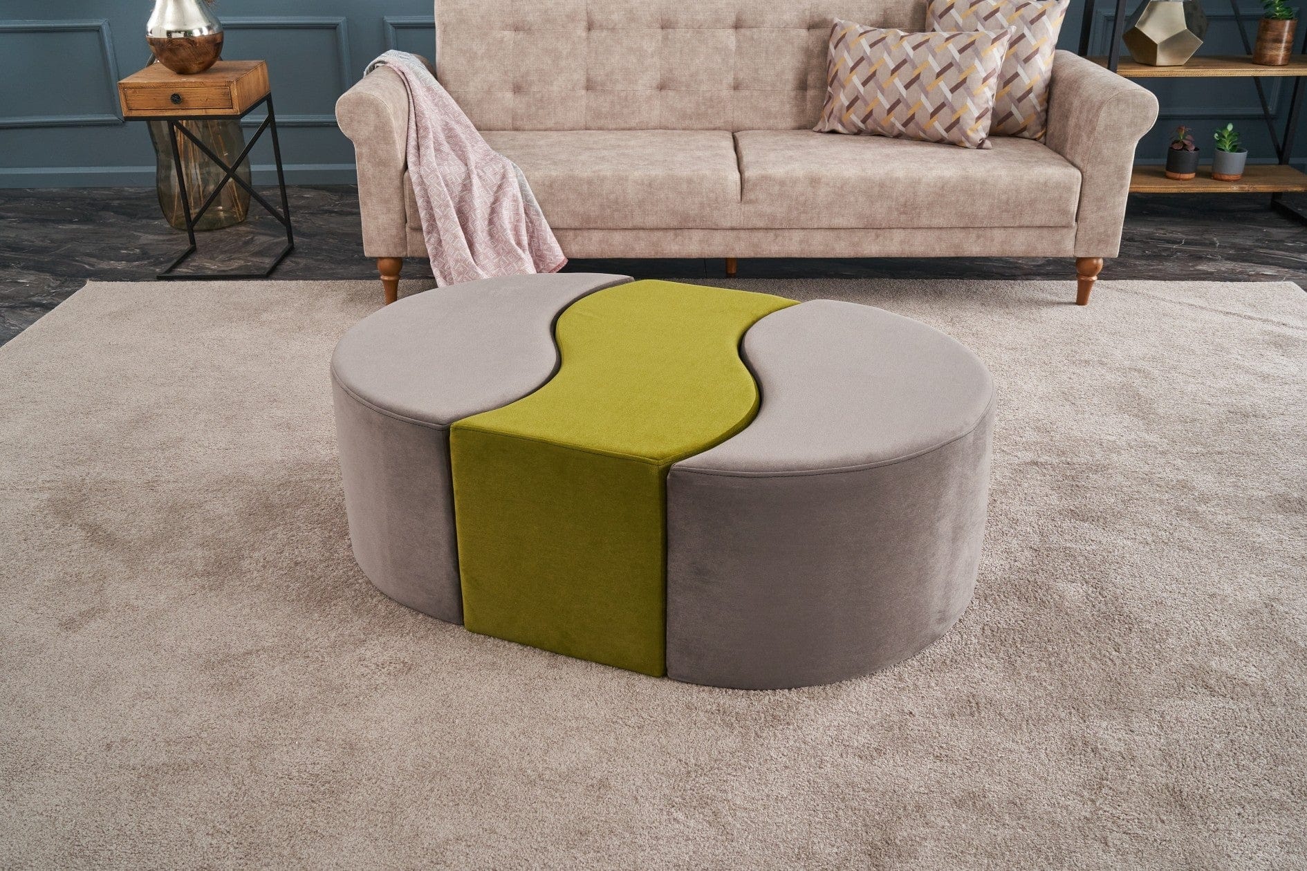 Asir Taburet tapitat cu stofa, Alya Grej / Verde Olive, l120xA80xH40 cm