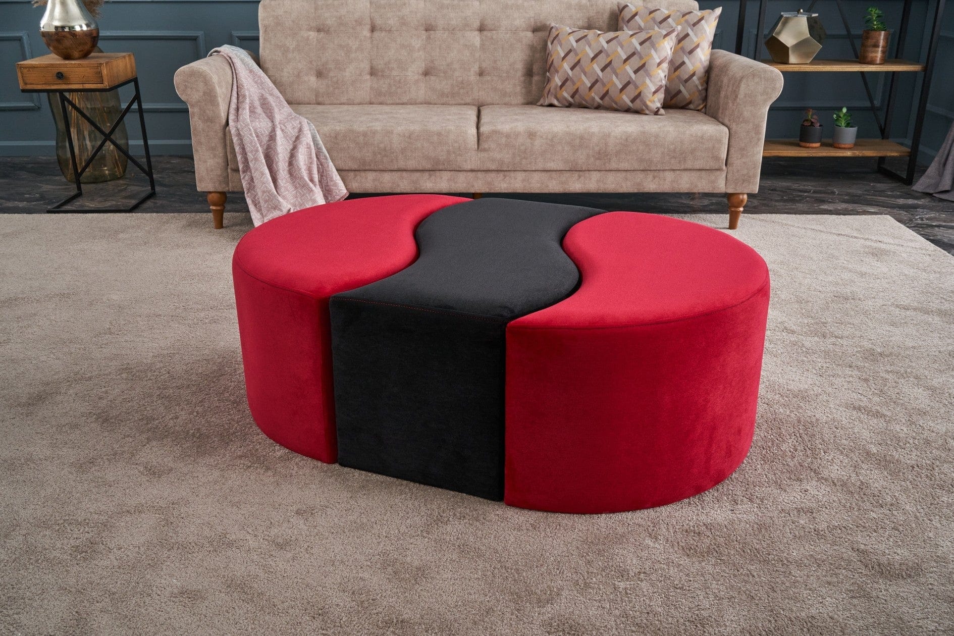 Asir Taburet tapitat cu stofa, Alya Rosu /  Negru, l120xA80xH40 cm