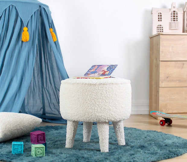 Asir Taburet tapitat cu stofa boucle, Moouv Round Alb, Ø38xH37 cm