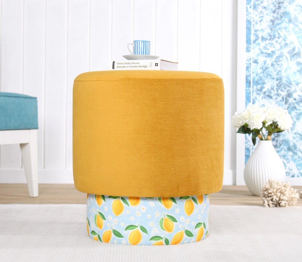 Asir Taburet tapitat cu stofa, Colyos Mustariu / Multicolor, Ø43xH46 cm