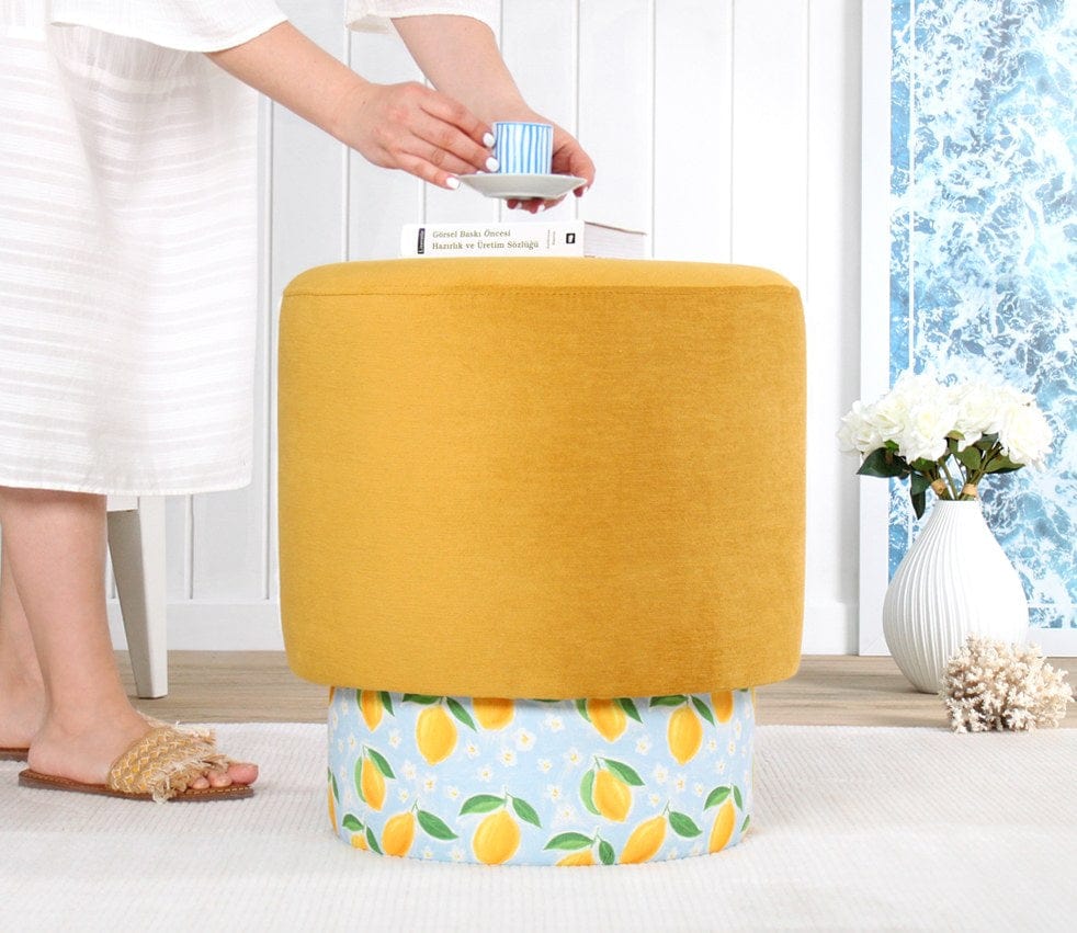 Taburet tapitat cu stofa, Colyos Mustariu / Multicolor, Ø43xH46 cm (2)