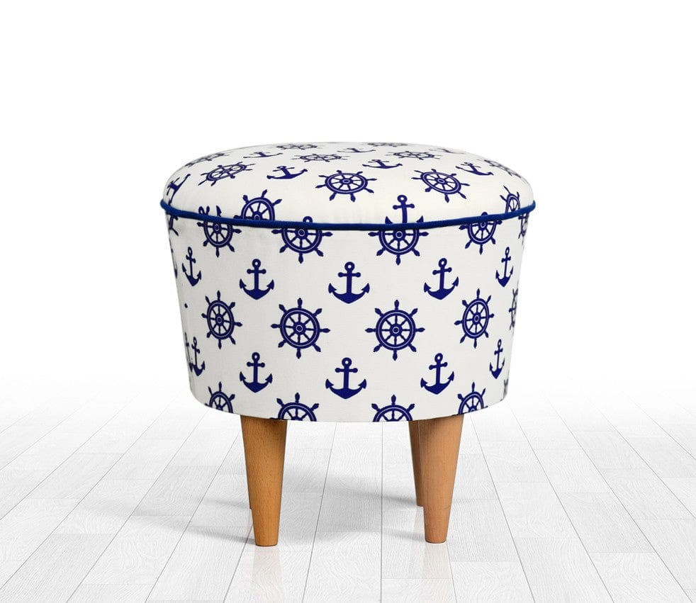 Asir Taburet tapitat cu stofa, Cunda Marine Albastru / Alb, Ø42xH42 cm