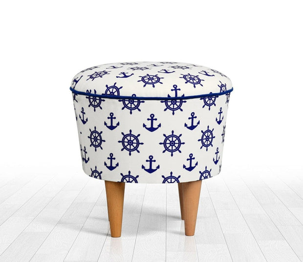 Asir Taburet tapitat cu stofa, Cunda Marine Albastru / Alb, Ø42xH42 cm