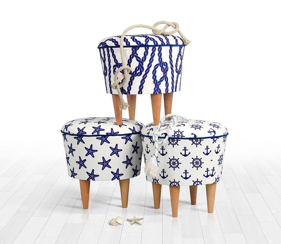 Asir Taburet tapitat cu stofa, Cunda Marine Albastru / Alb, Ø42xH42 cm