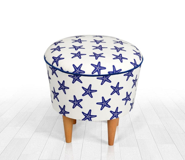 Asir Taburet tapitat cu stofa, Cunda Star Albastru / Alb, Ø42xH42 cm
