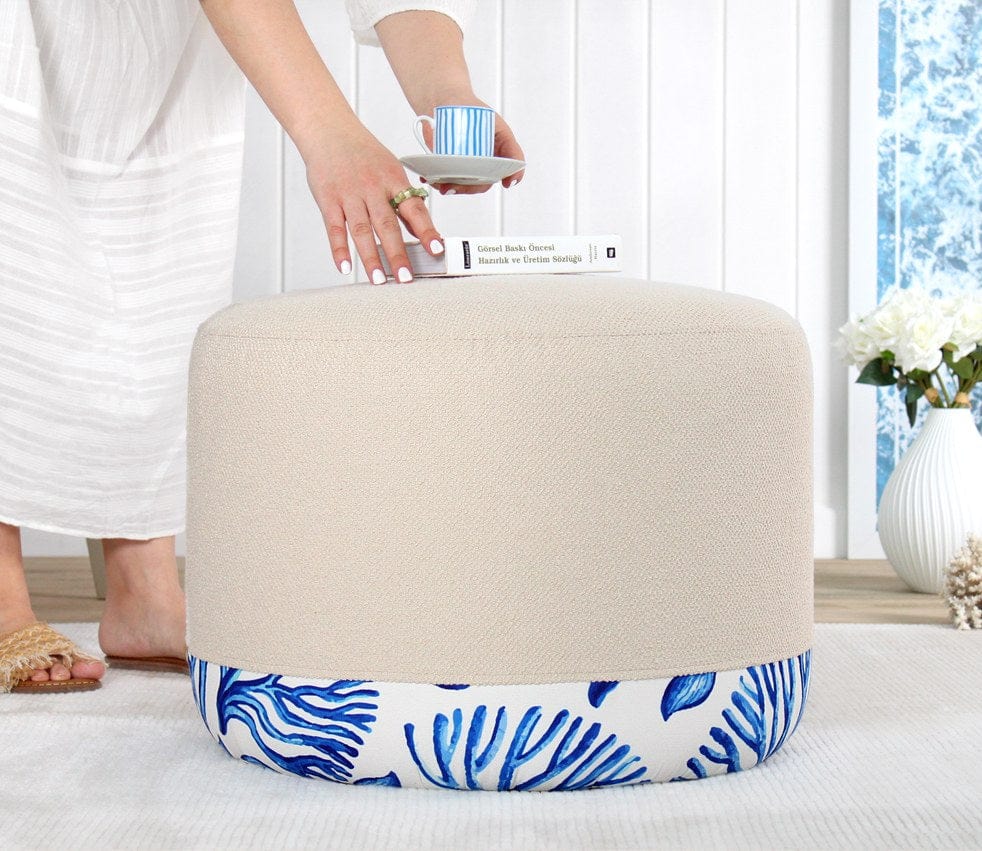 Asir Taburet tapitat cu stofa, Lagone Bej / Multicolor, Ø54xH39 cm