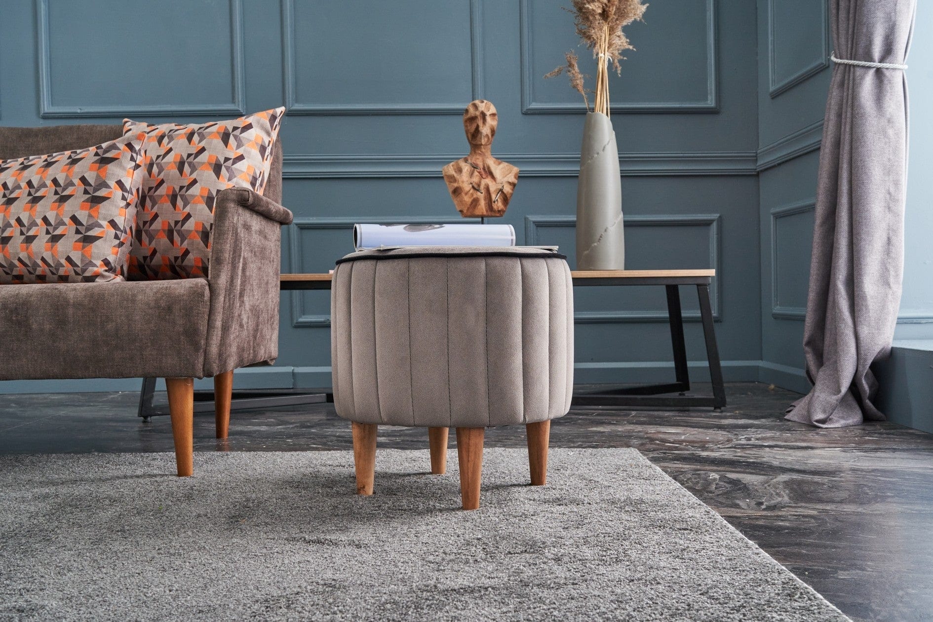 Asir Taburet tapitat cu stofa, Lindy Gri, Ø40xH40 cm