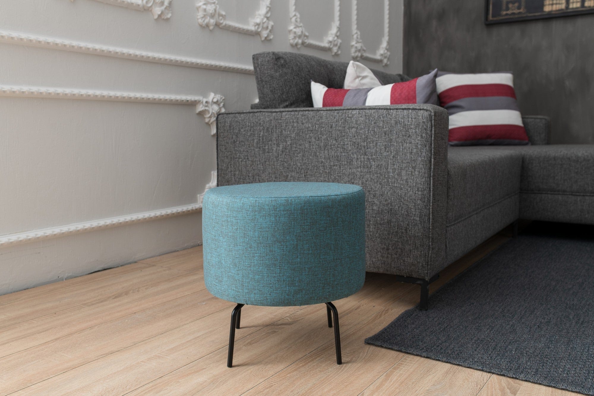 Asir Taburet tapitat cu stofa, Octo Turcoaz, Ø40xH40 cm