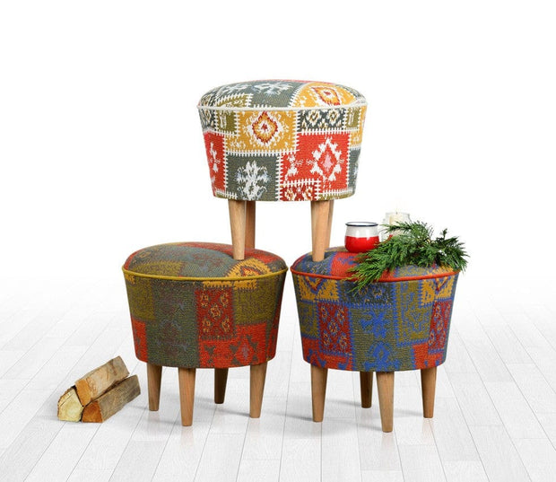 Asir Taburet tapitat cu stofa, Rug Patch Multicolor, Ø42xH42 cm