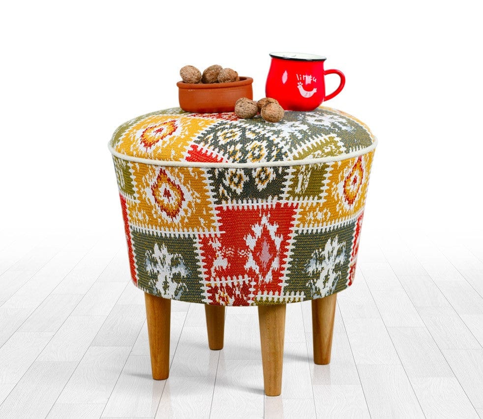 Asir Taburet tapitat cu stofa, Rug Patch Multicolor, Ø42xH42 cm