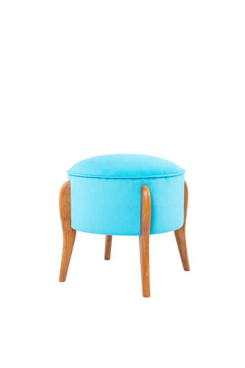 Taburet tapitat cu stofa si picioare din lemn, Lockett Turcoaz / Maro, Ø45xH45 cm