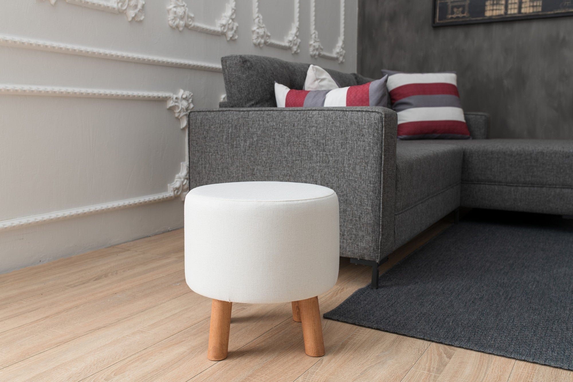 Asir Taburet tapitat cu stofa, Silindir Crem, Ø40xH42 cm